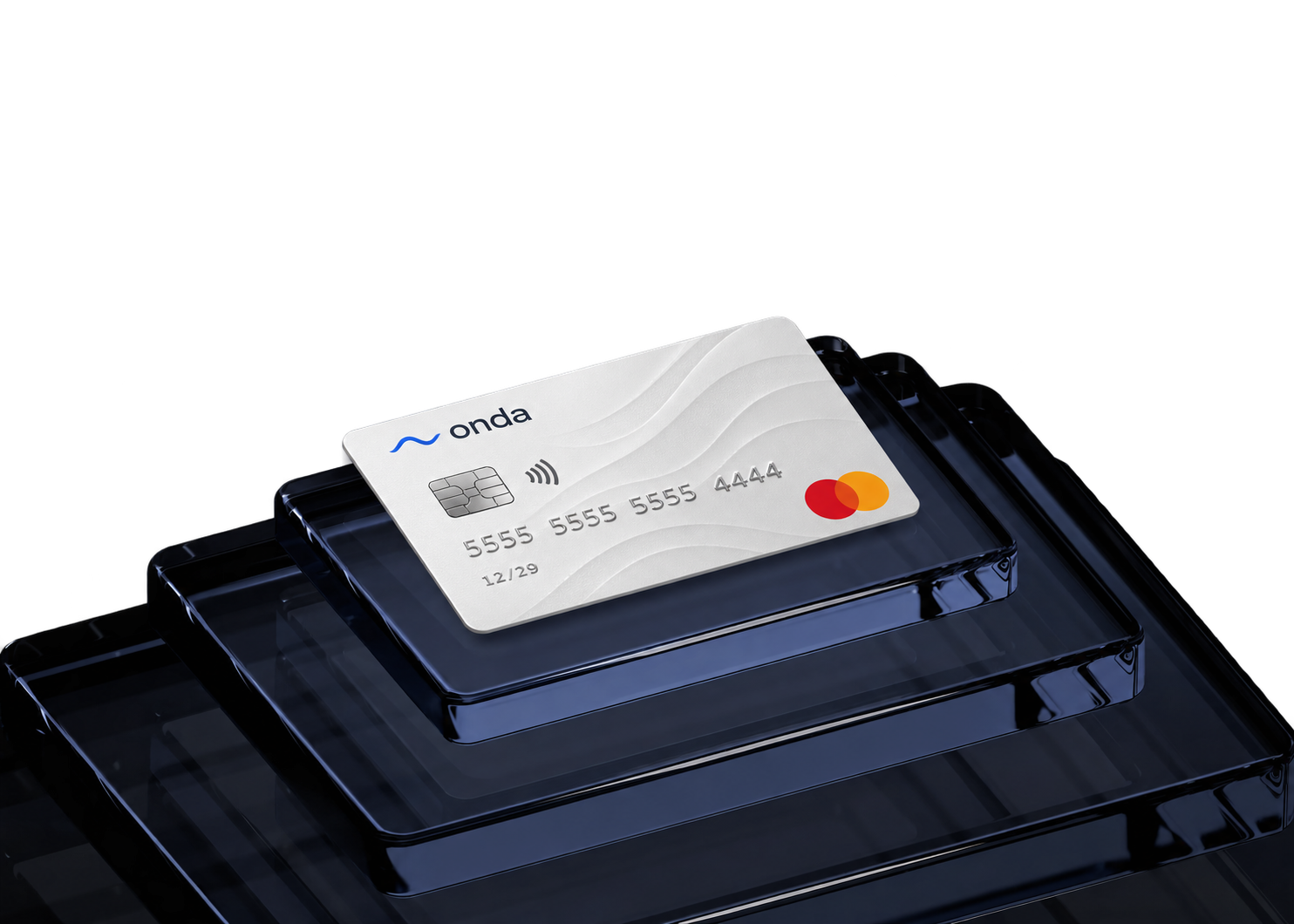 ONDA white Mastercard on dark glass pedestals